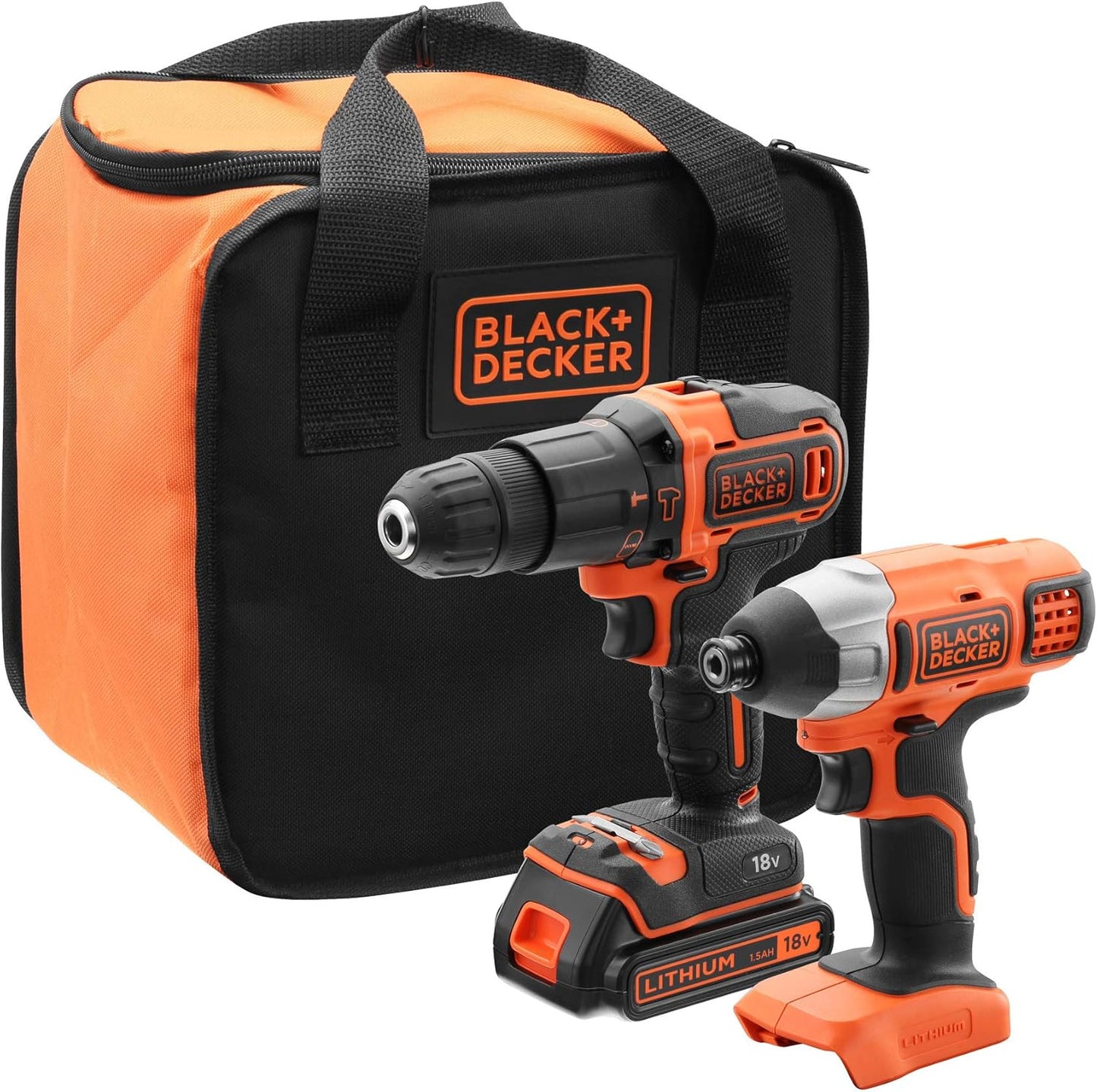 Berbequim de impacto e aparafusadora de impacto sem fio Black+Decker BCK21S1S 18V com bateria e carregador.