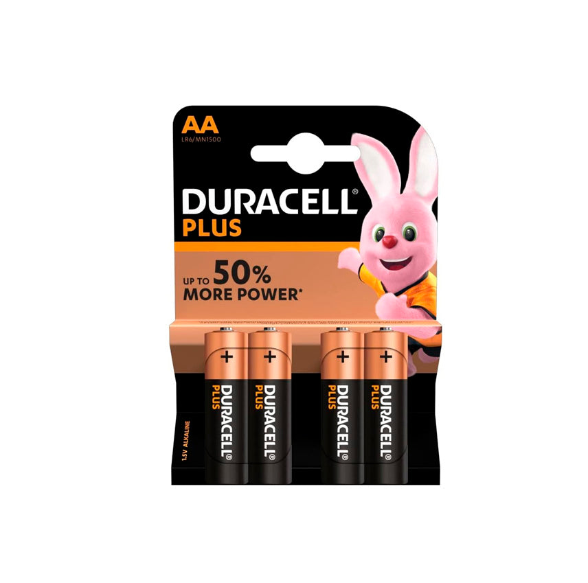 Embalagem com 4 pilhas alcalinas Duracell Plus Power AA