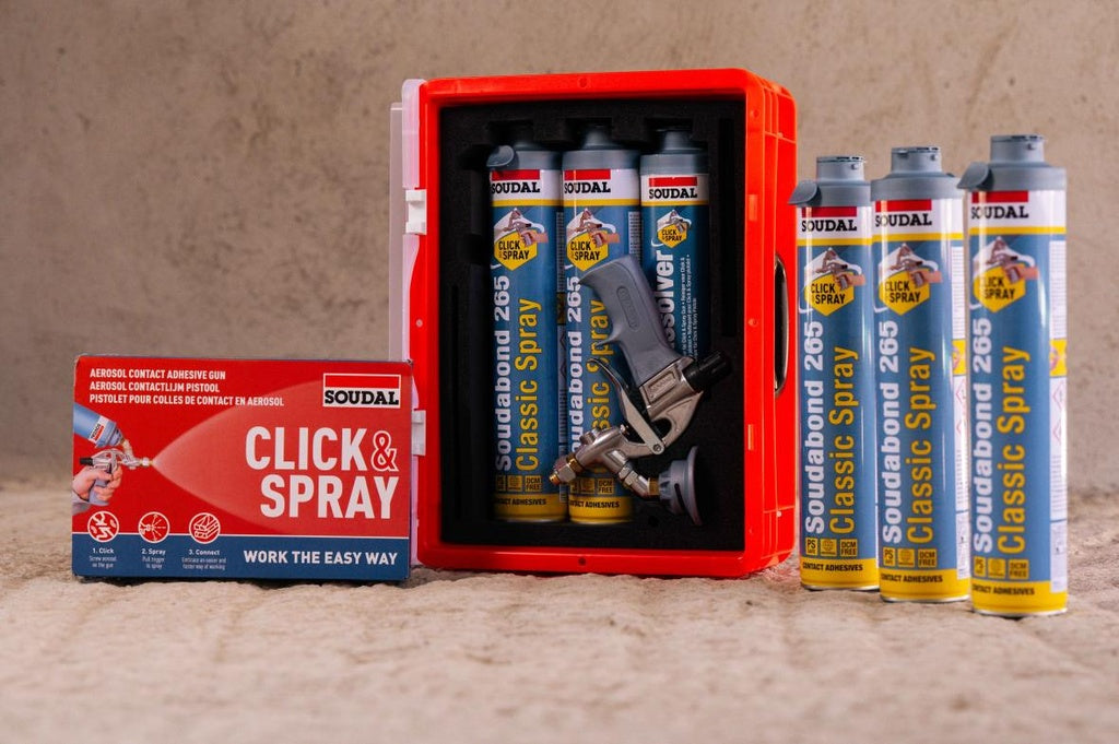Kit com 5 latas de adesivo Soudabond 265 + pistola + limpador Sistema Click&Spray Soudal