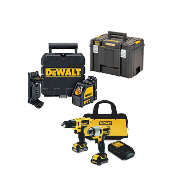 Set Dewalt: Furadeira chave de fenda + Chave de fenda de Impacto + Laser DW088K + Maleta Profunda + 2 Baterias 1,3 AH