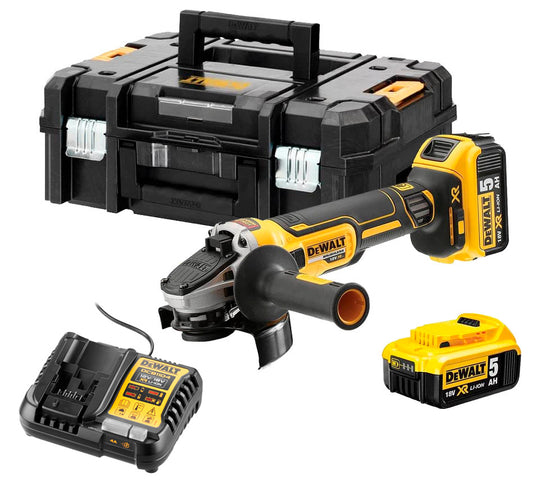 Moinho 18V XR Brushless 125mm com 2 baterias 5Ah + carregador + mala Dewalt DCG405P2