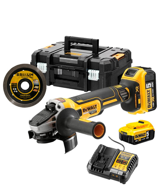 Moinho Brushless XR 18V ​​​​125mm com 2 baterias 5Ah + Disco + Carregador Dewalt DCG405P2X