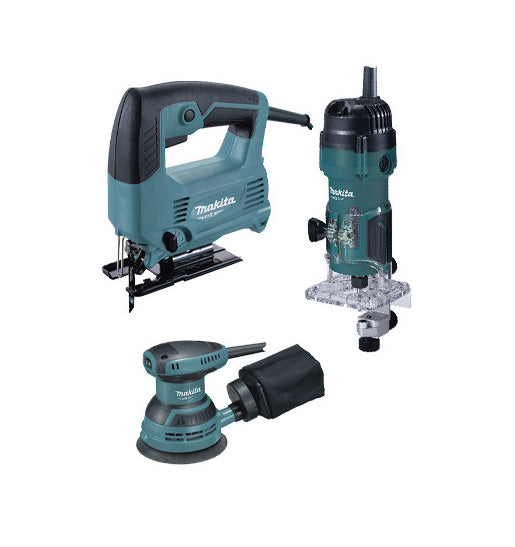 Conjunto de ferramentas eléctricas Makita MT: Sierra de calar 450W + Fresadora 530W + Lixadeira 230W PRK00185
