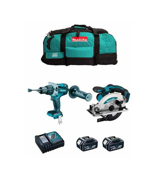 Kit Makita Berbequim com percussão DHP486 + Serra circular DSS610 + 2 baterias de 5 Ah + carregador + saco LXT600 DLX2480BL2