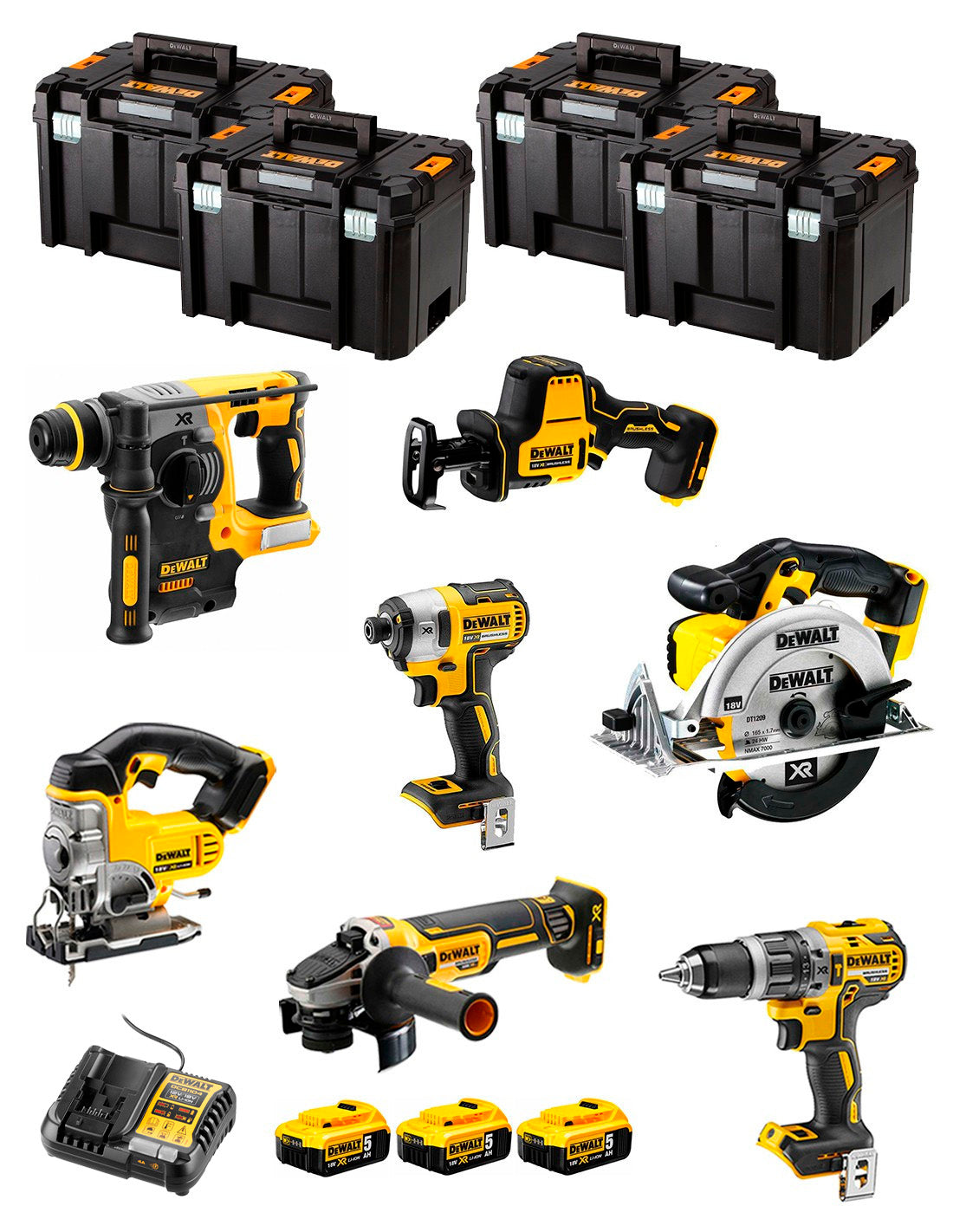 Kit Dewalt 7 ferramentas + 3 bat 5ah + Carregador DCB1104 + 4xTstak VI DCK769P3