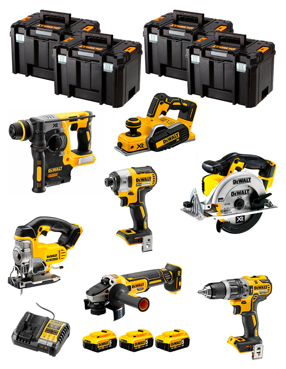 Kit Dewalt 7 herramientas + 3 bat 5ah + Cargador DCB1104 + 4xTstak VI Kit DCK780P3