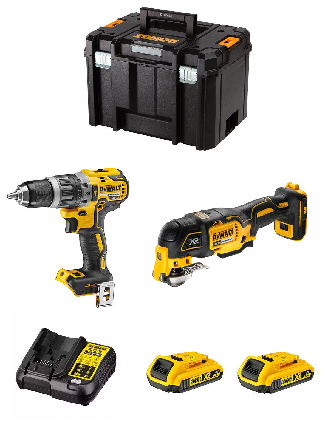 Kit Dewalt Taladro Percutor DCD796 + Multi-herramienta DCS356 + 2bat 2Ah DCB183 + cargador DCB107 + TSTAK VI DCK255D2