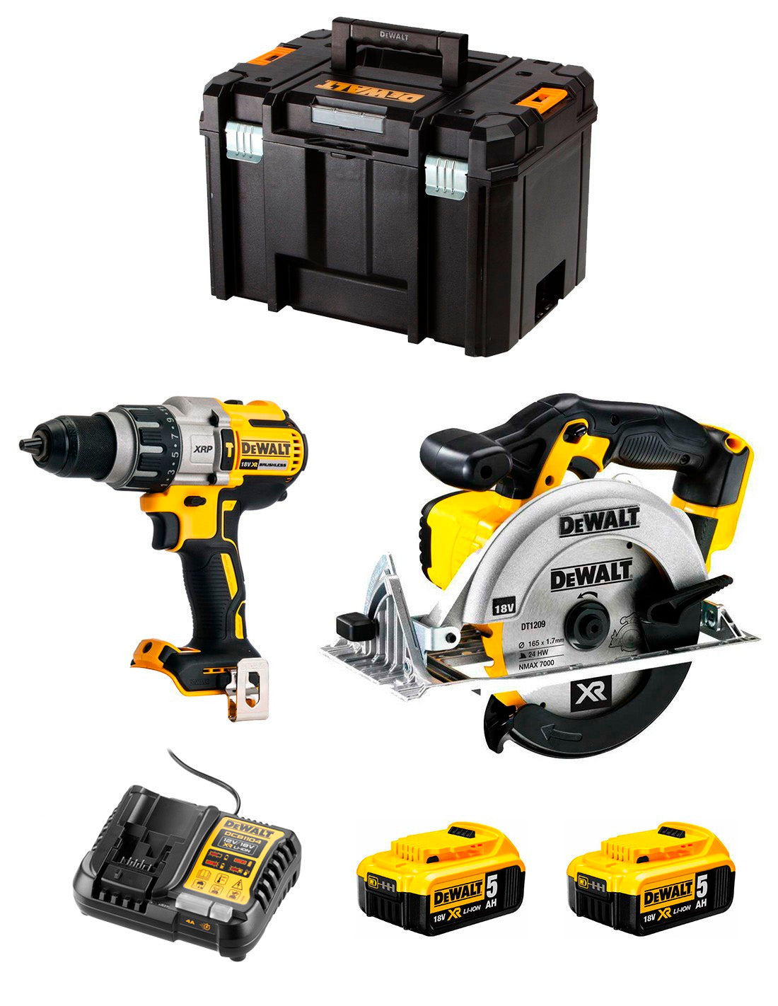 Kit Dewalt DCD996 Berbequim + DCS391 Serra Circular + 2bat 5Ah + carregador + TSTAK VI DCK291P2