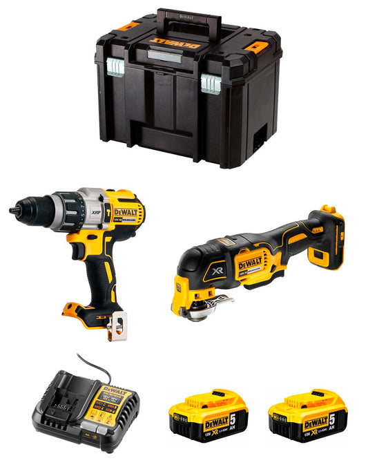 Kit de berbequim de martelo Dewalt DCD996 + multiferramenta DCS356 + 2bat 5Ah + carregador + TSTAK VI DCK255P2