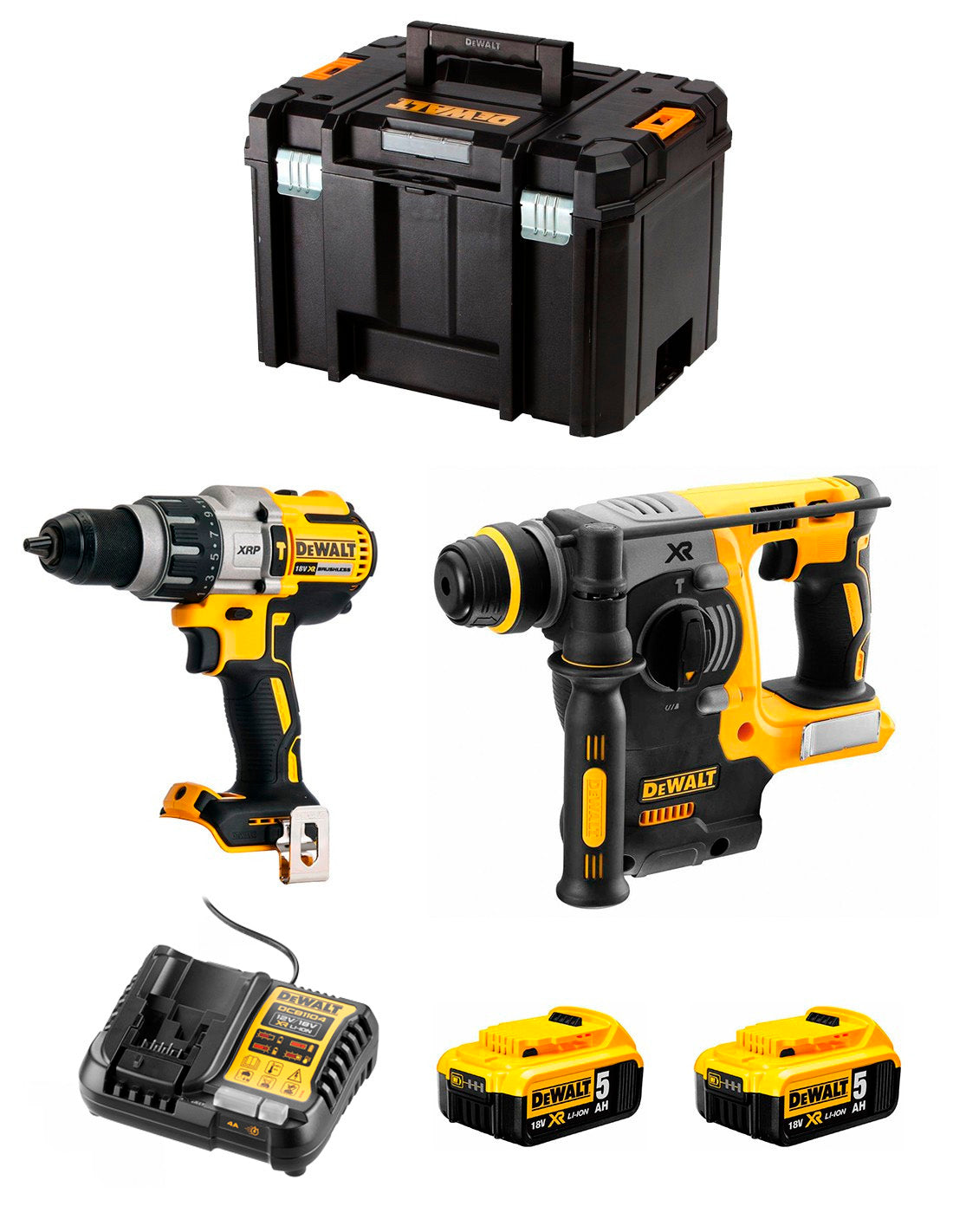 Kit de broca de martelo Dewalt DCD996 + martelo electropneumático DCH273 + 2bat 5Ah 18V + carregador + TSTAK VI DCK273P2