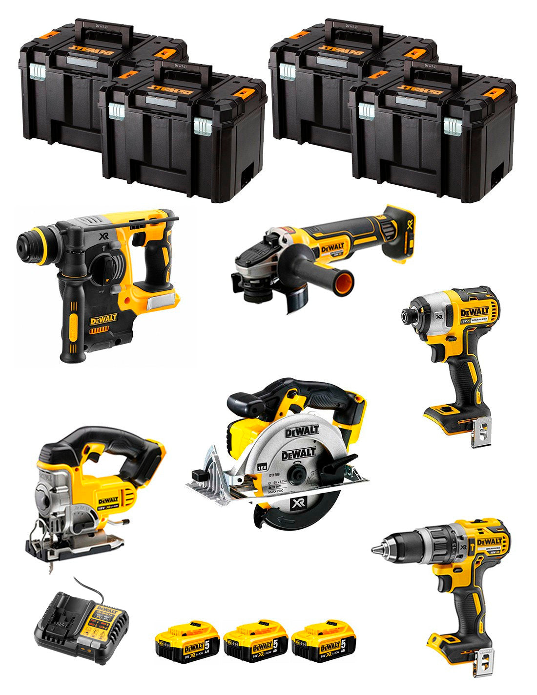 Kit Dewalt 6 ferramentas + 3 bat 5ah + Carregador DCB1104 + Kit 4xTstak VI DCK691P3