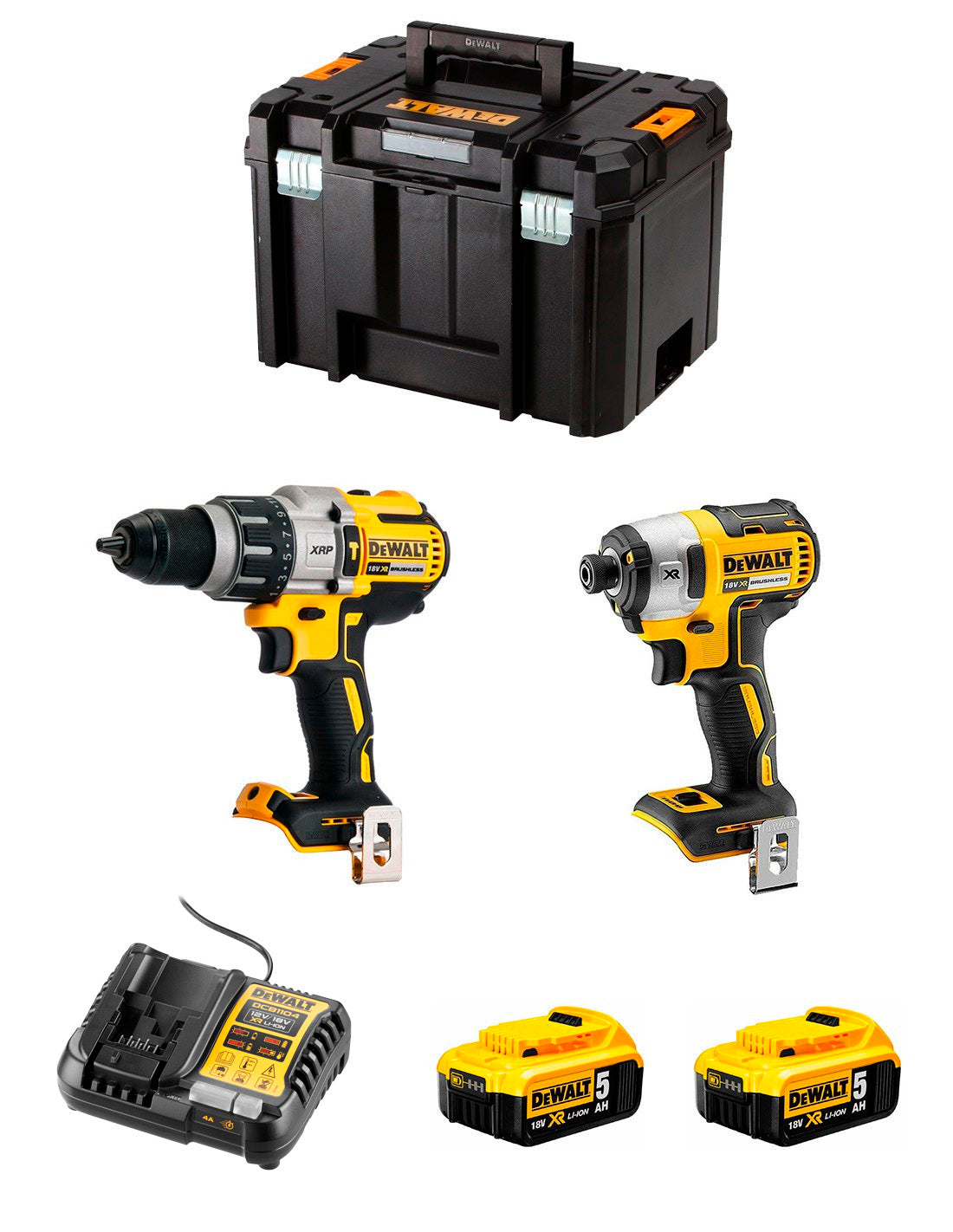 Kit Dewalt DCD996 Berbequim de martelo + Chave de fendas de impacto DCF887 + 2bat 5Ah + carregador + TSTAK VI DCK287P2