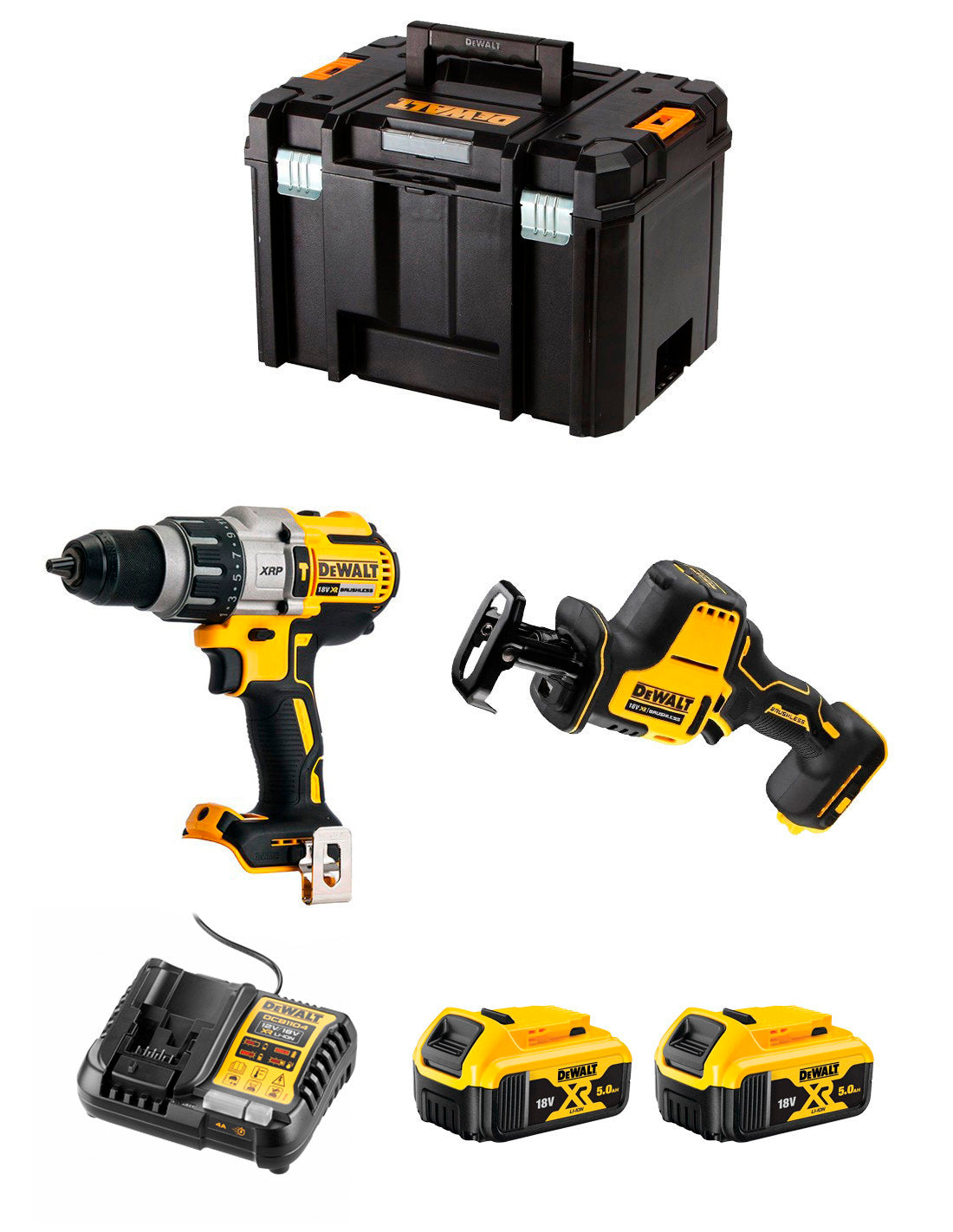 Dewalt Kit DCD996 Martelo Broca + Mini Sabre Serra DCS369 + 2bat 5Ah + carregador + TSTAK VI DCK269P2