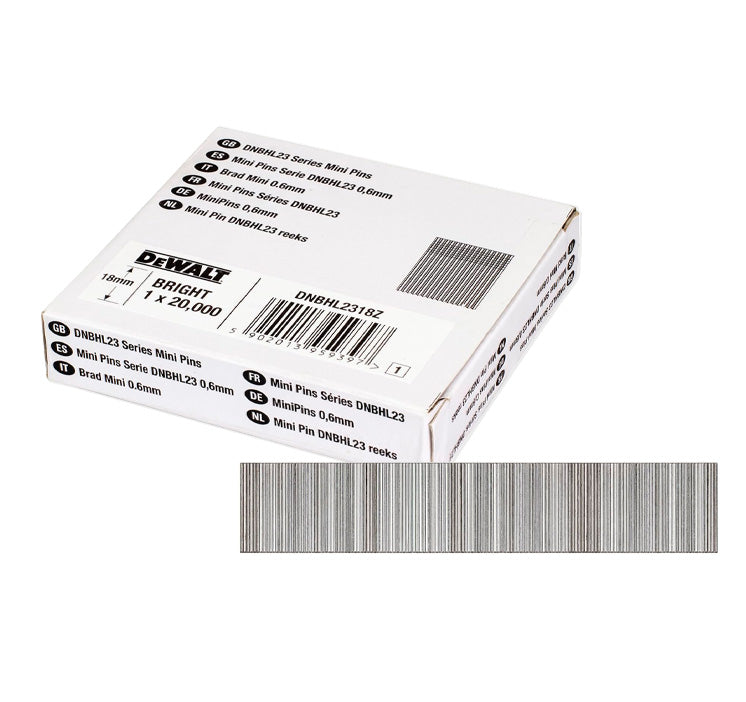 Caixa de 20.000 unidades de mini pinos sem cabeça para pregador pneumático de acabamento, 0,6 mm x 18 mm, Dewalt DNBHL2318Z