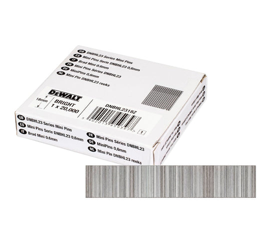 Caixa de 20.000 unidades de mini pinos sem cabeça para pregador pneumático de acabamento, 0,6 mm x 18 mm, Dewalt DNBHL2318Z