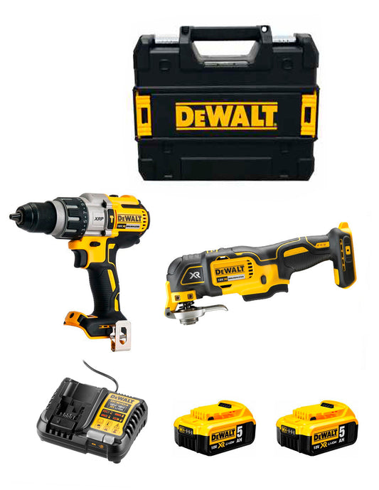 Kit de berbequim de martelo Dewalt DCD996 + multiferramenta DCS356 + 2bat 5Ah + carregador + mala DCK280P2