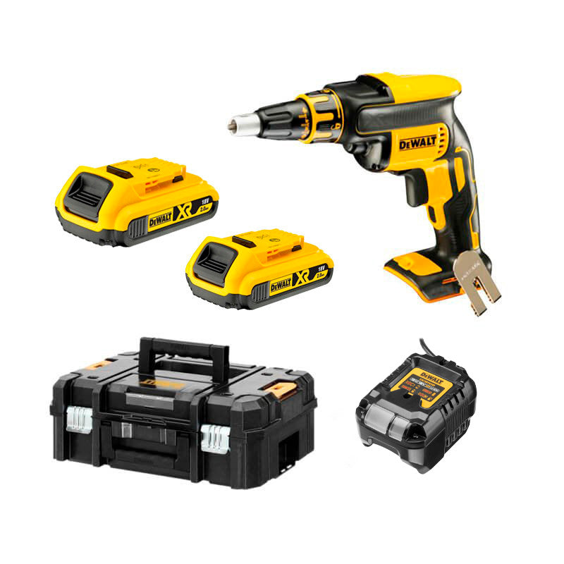 Chave de fendas para gesso cartonado Dewalt 18v com 2 pilhas de 2,0 Ah com estojo + carregador de parafuso rápido DCF620D2K