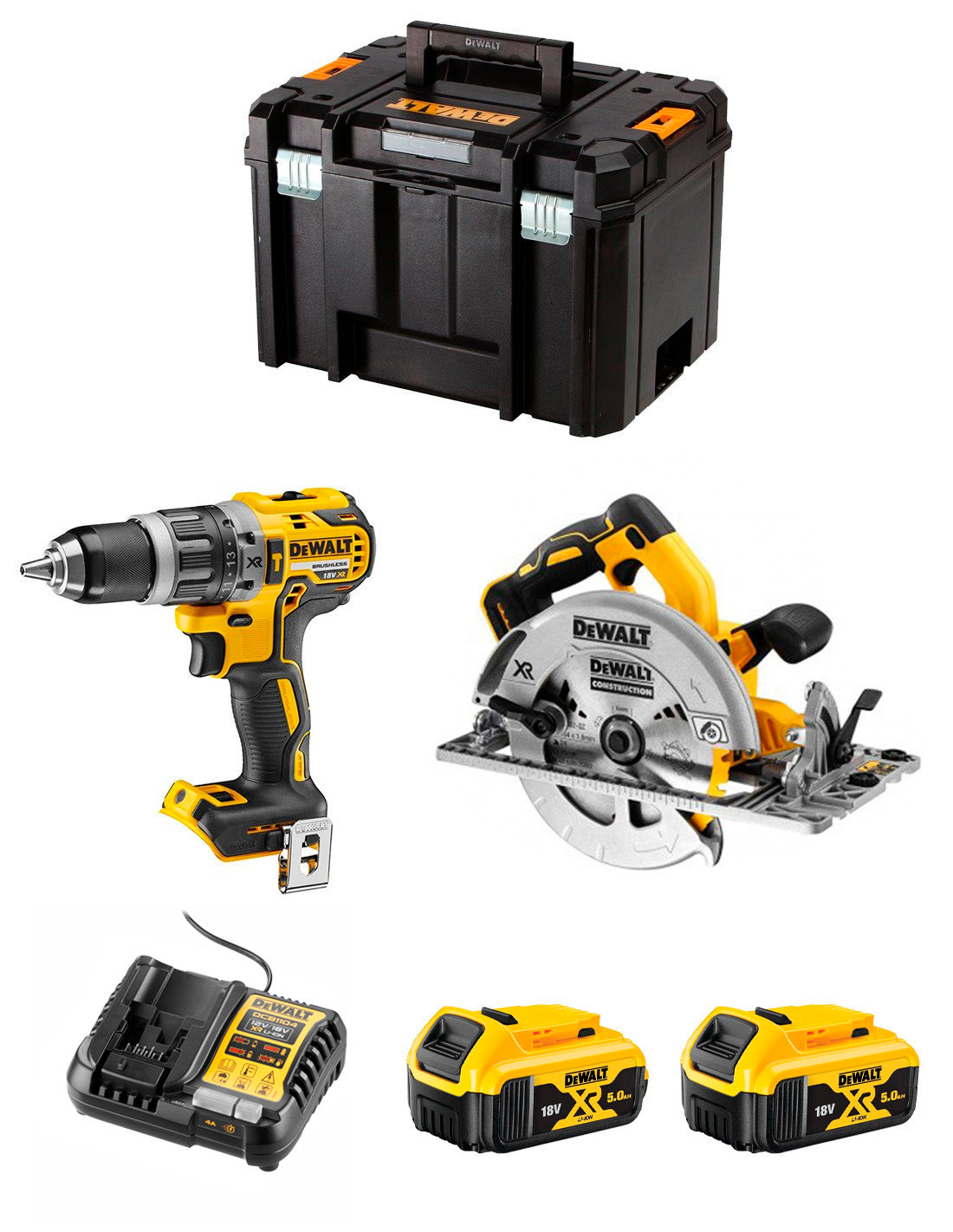 Kit Dewalt DCD996 Berbequim + DCS572 Serra Circular + 2bat 5Ah + carregador + TSTAK VI DCK296P2