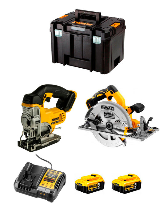 Kit Dewalt Serra Circular DCS572 + Jig Saw DCS331 + 2bat 5Ah + Carregador + TSTAK DCK270P2