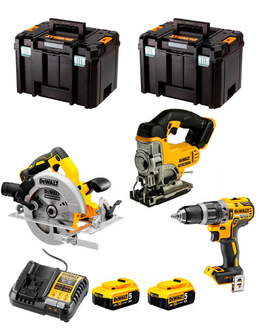 Dewalt Kit DCD796 Martelo Broca + DCS334 Jig Saw + DCS572 Serra Circular + 2bat 5Ah + Carregador + 2xTSTAK VI DCK370P2