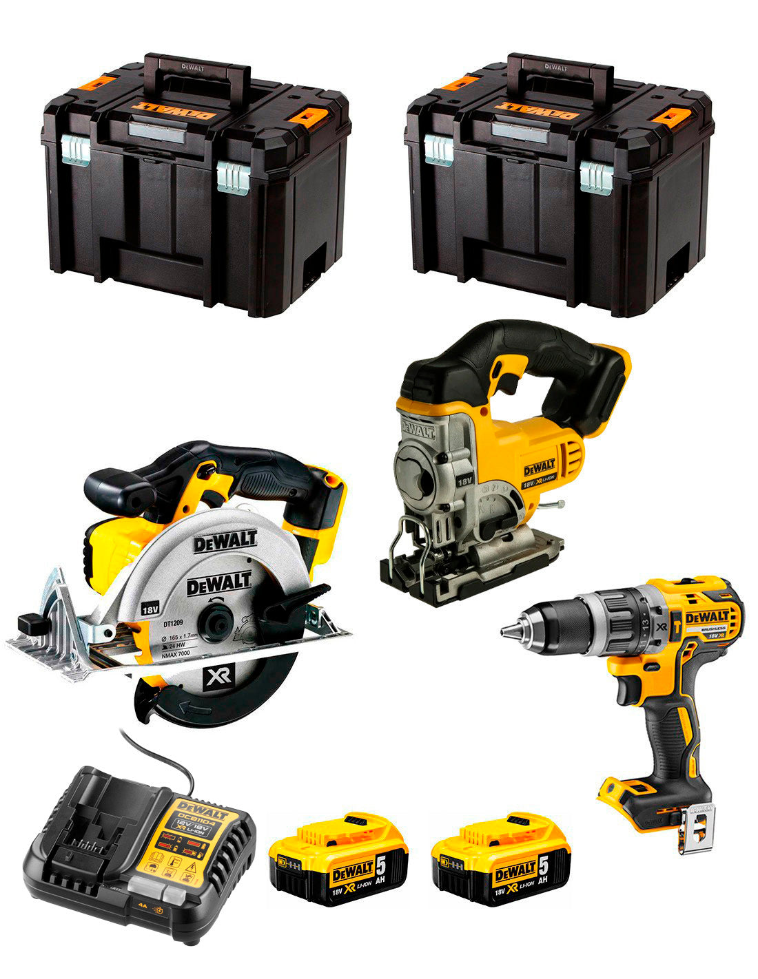 Kit de berbequim de martelo Dewalt DCD796 + serra circular DCS331 + serra circular DCS391 + 2bat 5Ah + carregador + 2xTSTAK VI DCK391P2