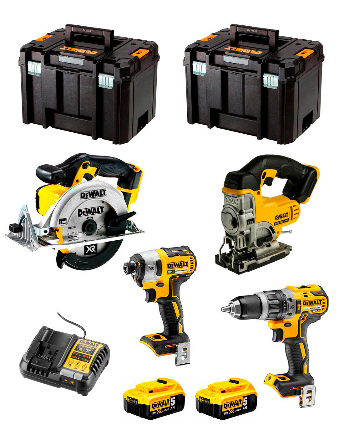 Kit Dewalt 4 ferramentas + 2bat 5Ah + Carregador + 2xTSTAK VI DCK491P2