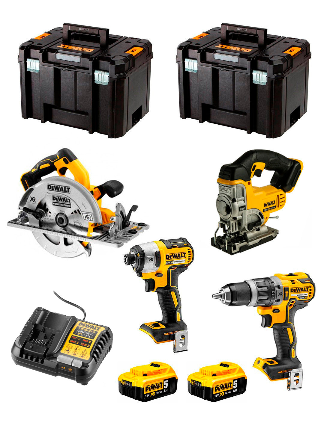 Kit Dewalt 4 ferramentas + 2 bat 5ah + Carregador DCB1104 + Kit 2xTstak VI DCK470P2