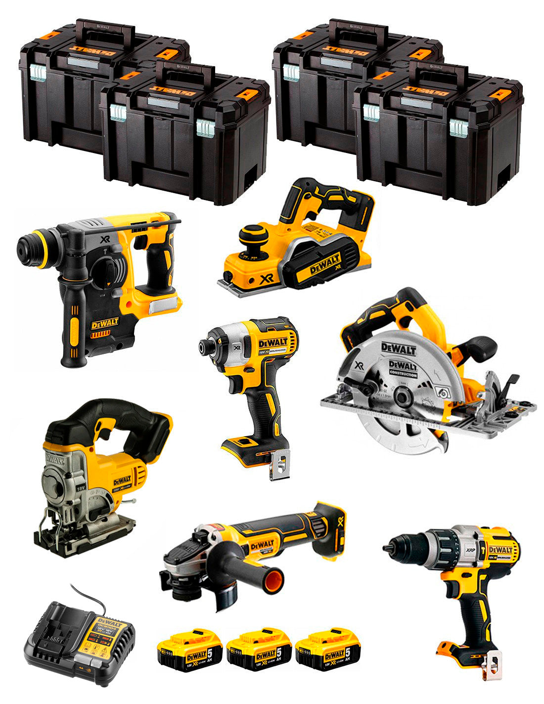 Kit Dewalt 7 ferramentas + 3 bat 5ah + Carregador DCB1104 + Kit 4xTstak VI DCK770P3