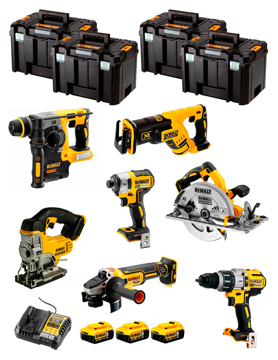 Kit Dewalt 7 ferramentas + 3 bat 5ah + Carregador DCB1104 + Kit 4xTstak VI DCK767P3