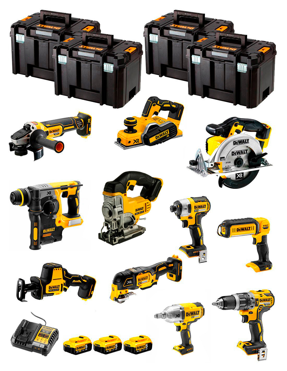 Kit Dewalt 11 ferramentas + 3bat 5Ah + Carregador DCB1104 + 4xTSTAK DCK111P3