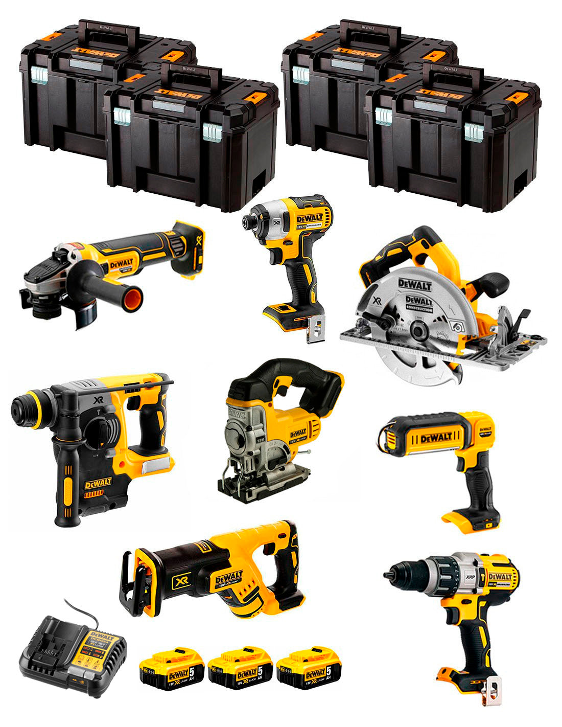 Kit Dewalt 8 ferramentas + 3 bat 5ah + Carregador DCB1104 + Kit 4xTstak VI DCK870P3