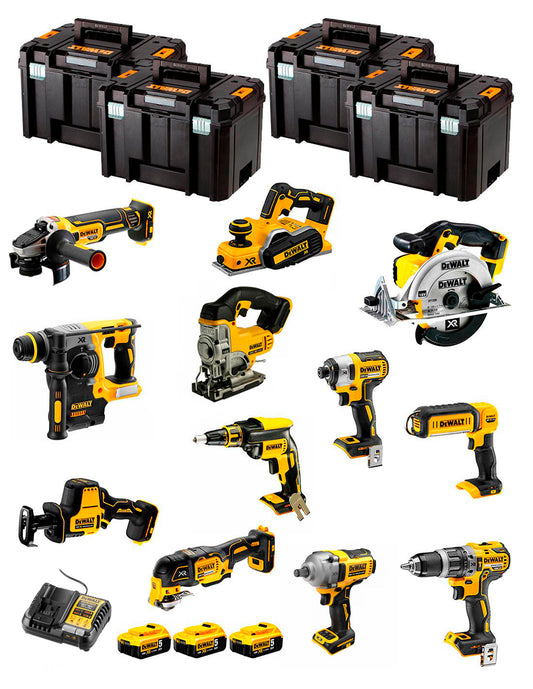 Kit Dewalt 12 ferramentas + 3bat 5Ah + Carregador DCB1104 + 4xTSTAK DCK129P3