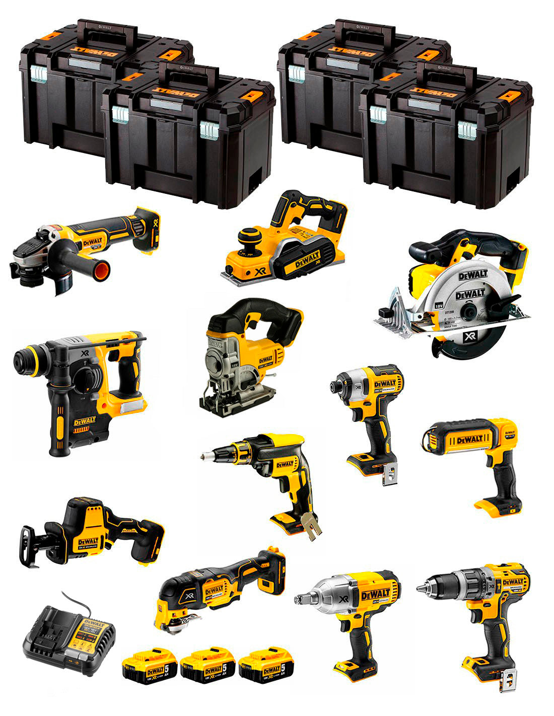 Kit Dewalt 12 ferramentas + 3bat 5Ah + Carregador DCB1104 + 4xTSTAK DCK129P3