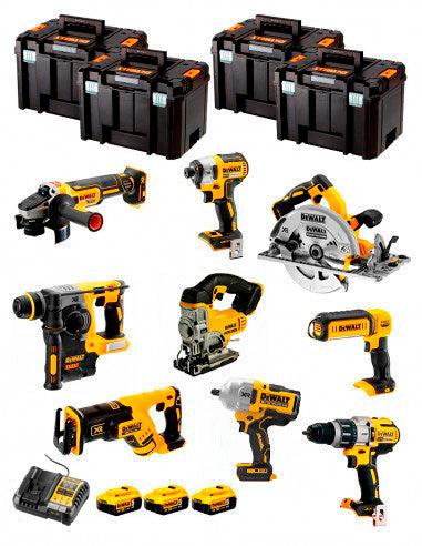 Kit Dewalt 9 ferramentas + 3 bat 5ah + Carregador DCB1104 + 4xTstak VI DCK970P3