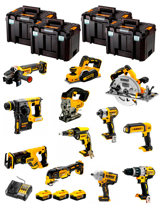 Kit Dewalt 12 ferramentas + 3bat 5Ah + Carregador DCB1104 + 4xTSTAK DCK120P3