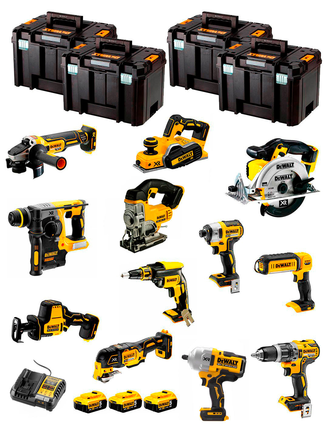 Kit Dewalt 12 ferramentas + 3bat 5Ah + Carregador DCB1104 + 4xTSTAK DCK121P3