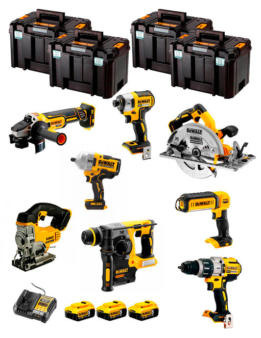 Kit Dewalt 8 ferramentas + 3 bat 5ah + Carregador DCB1104 + Kit 4xTstak VI DCK834P3