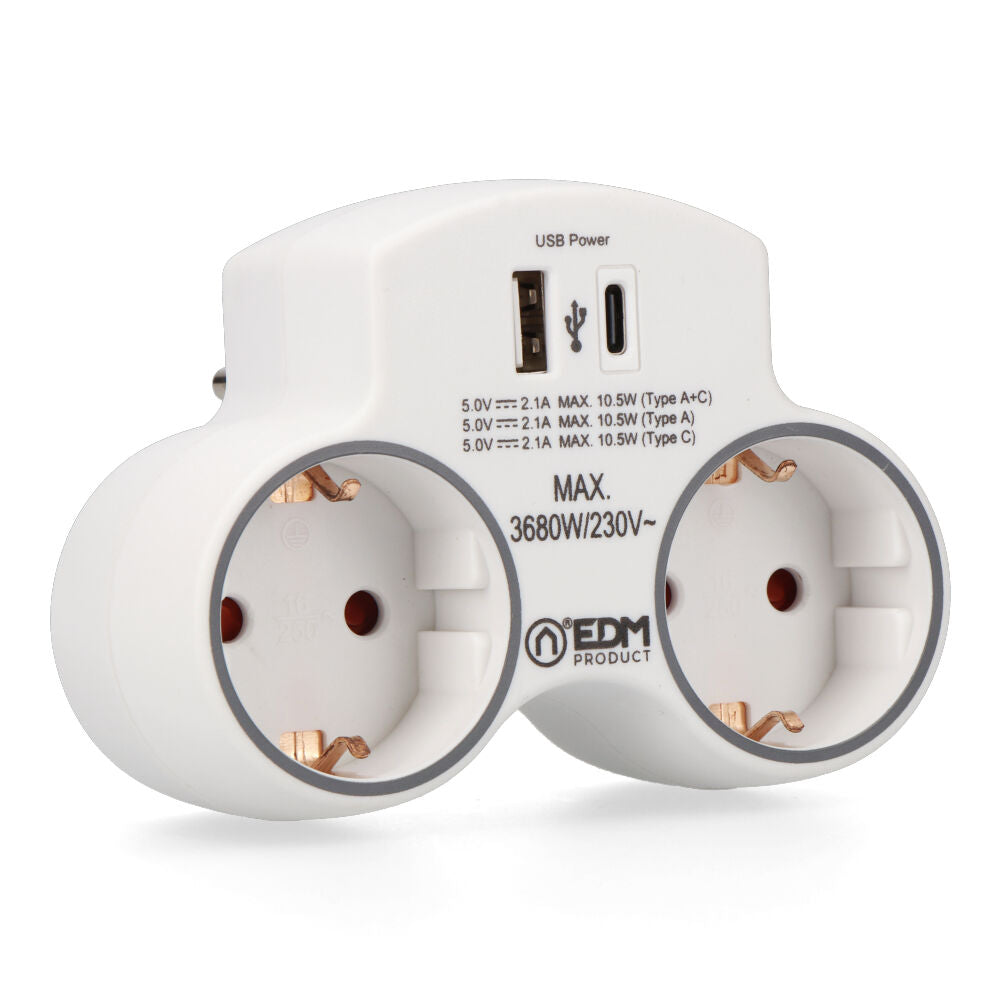 Adaptador com 2 tomadas 2P+T SCHUKO e 2 USB (A + C) EDM