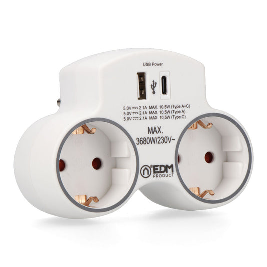 Adaptador com 2 tomadas 2P+T SCHUKO e 2 USB (A + C) EDM