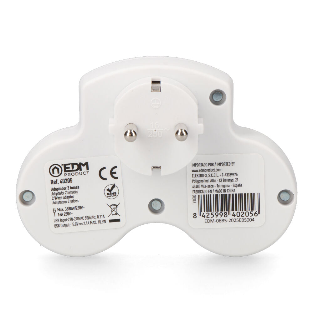 Adaptador com 2 tomadas 2P+T SCHUKO e 2 USB (A + C) EDM