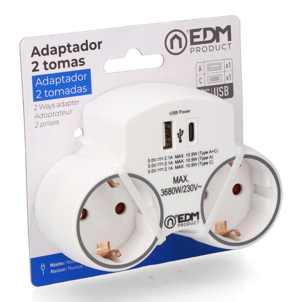 Adaptador com 2 tomadas 2P+T SCHUKO e 2 USB (A + C) EDM