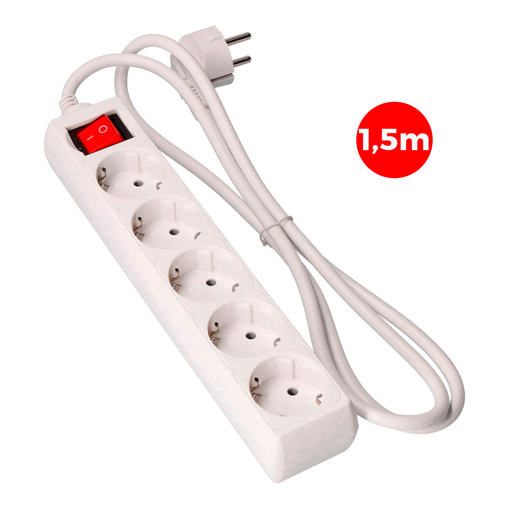 Base múltipla de 5 tomadas 2P+T com interruptor luminoso, 16 A, 250 V~, 1,5 m de cabo H05VV-F 3 G EDM
