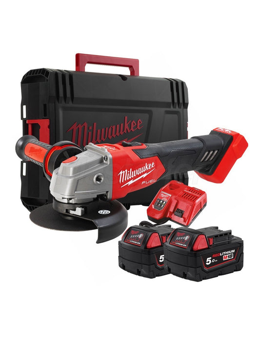 Rebarbadora angular M18 de 125 mm com travão e interruptor de botão + 2 baterias de 5 Ah + carregador + mala Milwaukee M18 FSAG125XB-502X