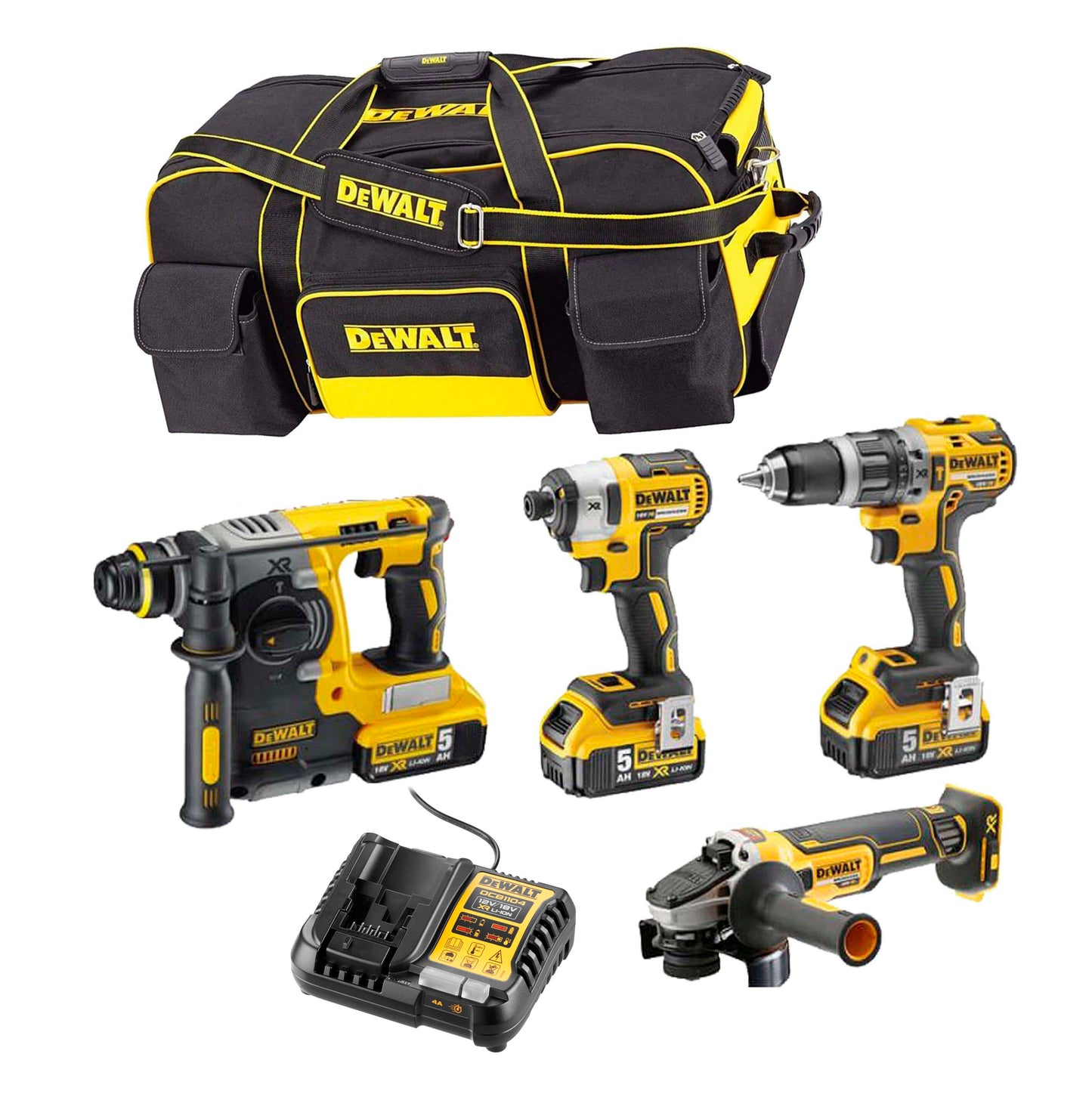 Power Kit Martelo Dewalt + Berbequim + Triturador + Chave de Fendas de Impacto DCK433P3