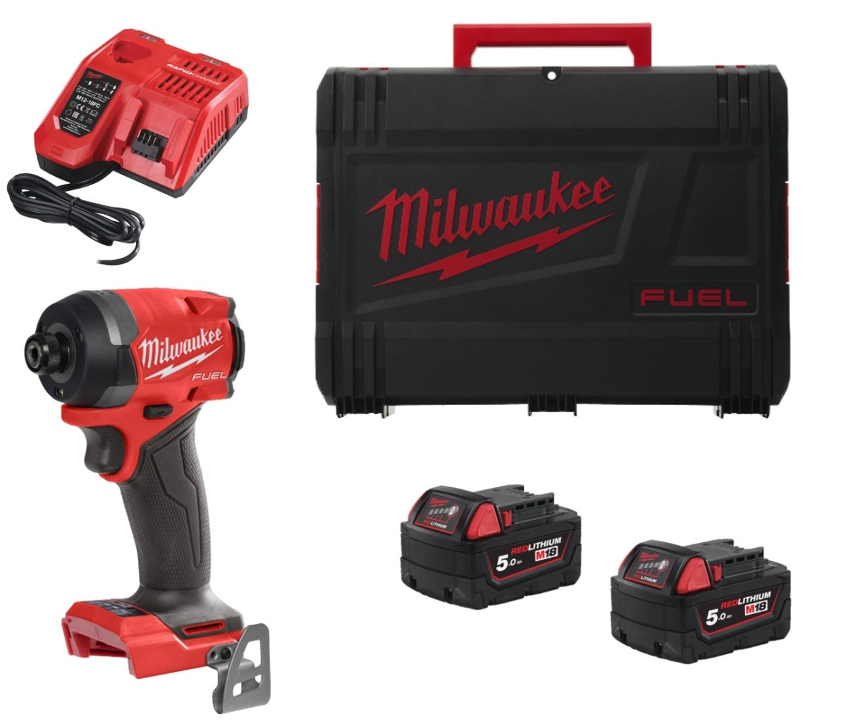 Aparafusadora de impacto M18 Fuel ¼″ hexagonal + 2 baterias de 5 Ah + carregador + mala Milwaukee M18 FID3-502X