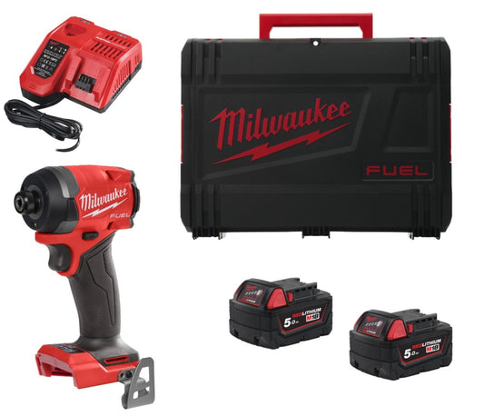 Aparafusadora de impacto M18 Fuel ¼″ hexagonal + 2 baterias de 5 Ah + carregador + mala Milwaukee M18 FID3-502X