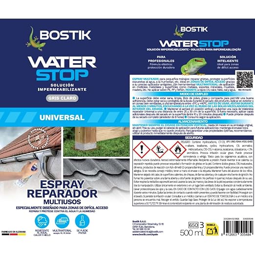 BOSTIK Waterstop Spray Reparador Multiusos Cinza – Spray Impermeabilizante 500 ml