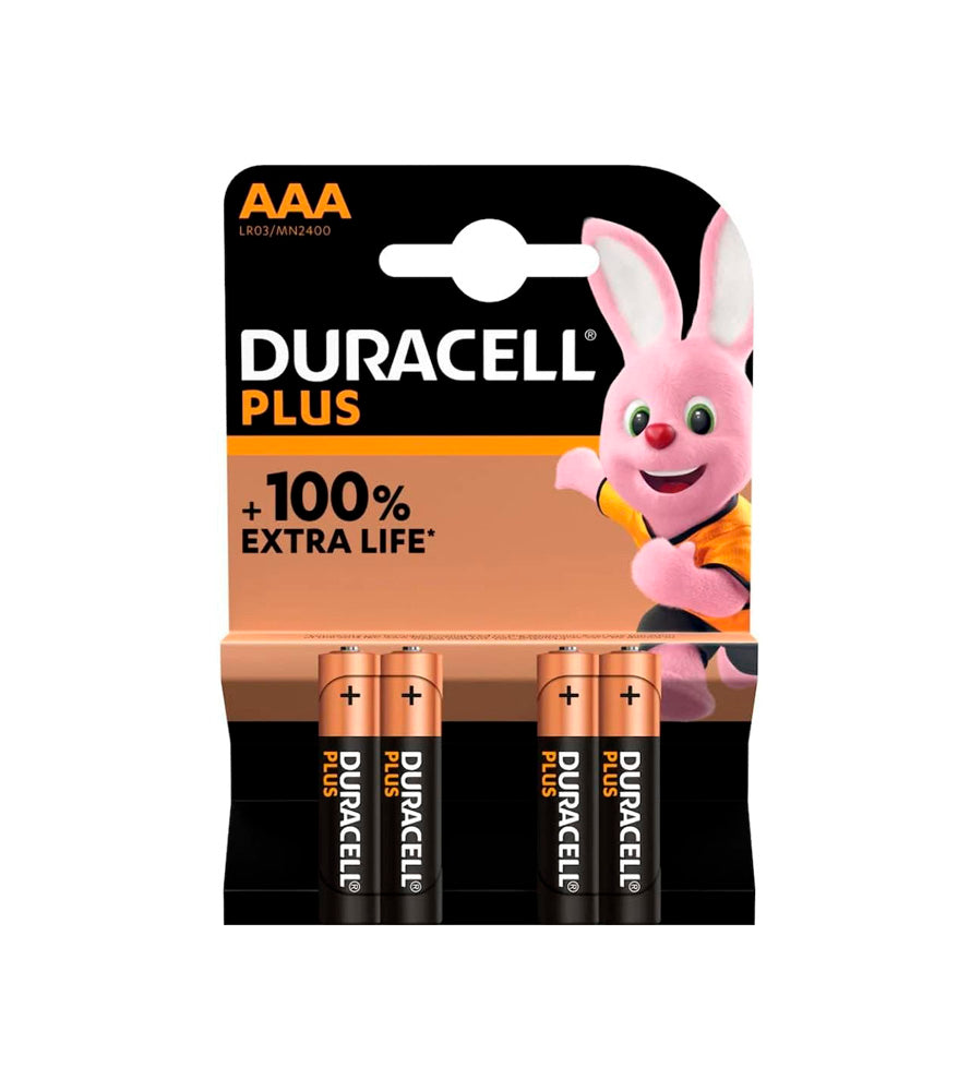 Embalagem com 4 pilhas alcalinas Duracell Plus Power AAA