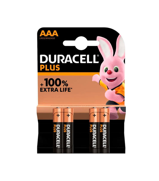 Embalagem com 4 pilhas alcalinas Duracell Plus Power AAA