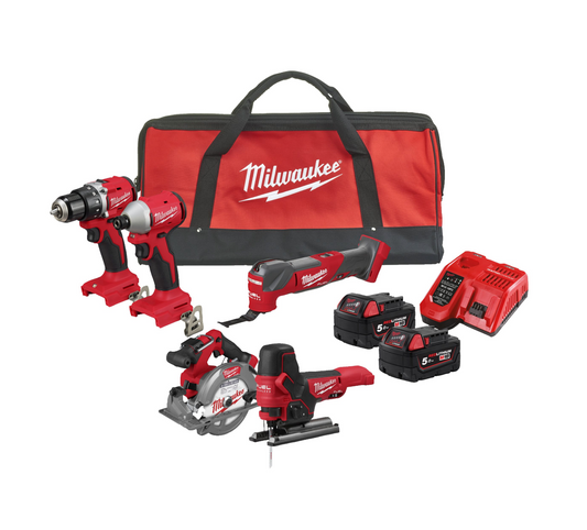 Powerpack 5 ferramentas + 2 baterias 5Ah + Carregador + Bolsa Milwaukee M18 BLCPP5A-502B